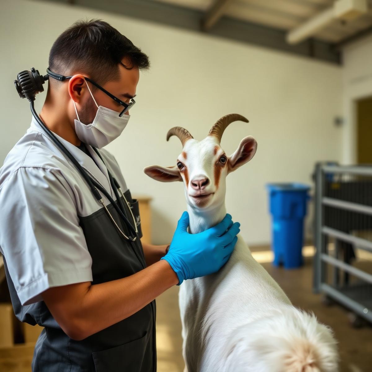 Professional veterinarian inspecting a healthy goat